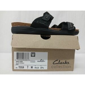 Clarks Women's April Dusk Black Leather Adjustable Sandals 26172318 Sz 7‎